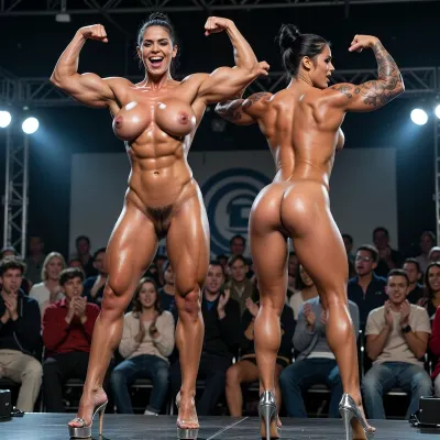 ((naked)), ((tow Latin bodybulder MILF woman standing on stage)), double bicep muscle posing, ((one from the front, one from the back)), showing front and back, (deeply tanned skin), extremely beautiful latina face, perfect anatomic body, ((narrow waist)), ((wide hips)), ((Tense face)), sexy body, standing up, laughing, oily skin, naked, perfect body, very narrow waist, ((wasp waist)), ((extremely muscular buttocks)), strong abdominal muscles, natural chest, saggy chest, ((very large natural breast)), (((heavily haired pubic area:1.3))), ((hair in a bun)), short hair, (very hairy pussy), ((black pubic hair)), (heavily haired armpits:1.4), (She is 1.75 meters tall, with a 90 cm bust, 50 cm waist, 1.20 meters each of muscular thighs, deeply tanned skin, prominent tan lines:1.4), (25 cm calves:1.6), (silver platform shoes, silver high heels), (showing large natural breasts:1.3), (((double biceps Pose:1.6))), (hair, Light black, wet, very straight:1.6), photoshoot, (She poses on a competition stage, many spectators sit in front and applaud), (full body in the image:1.3), (front view:1.3), HDR, HD, extre mely realistic, ultra high details, award winning photo, octane render