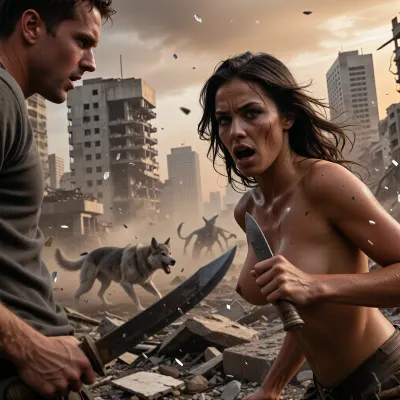 A cinematic shot, as if taken from a big-budget post-apocalyptic thriller. In the foreground is a close-up in half-profile from the waist up, the figure is turned slightly to one side, revealing an incredibly graceful and beautiful woman with bare breasts and torso, her chiselled features lightly dusted with sweat and dust, she holds knives in both hands, and her expression is filled with intense emotion — a mixture of utter terror and fierce defiance, her wide-open eyes, with their sharply defined irises and lashes, are fixed on the threat. Right beside her stands a tense man, moving dynamically, frozen mid-stride, defending her with a machete in his hands. They are racing through the ruins of an abandoned metropolis, choking on ash, their movement driven by momentum. In the background, shattered concrete skyscrapers pierce the toxic, smoke-filled orange-grey sky, whilst in the misty distance, amongst the rubble, the silhouettes of grotesque, mutated, wolf-like creatures with dog-like fur roam. Dust particles, flying ash and shards of glass hang suspended in the air under the force of a powerful shockwave, rough textures, dramatic high-contrast natural lighting, depth of field, exceptional detail.