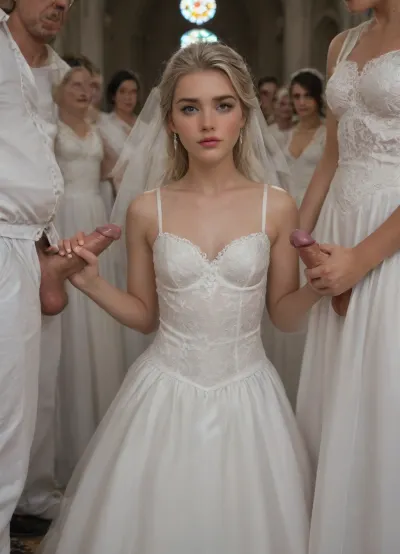 A masterpiece, full shot, cinematic photo of one femboy, headquarters, perfect lighting, perfect lively eyes, the altar in an antique church, smilling, femboy on the arm of an old man, femboy is the bride, 3 bridesmaids in background, showing small, soft penis, small breasts, show breasts, 18-year-old bride, the face of Princess Elsa, handjob, <lora:tbh69-sdxl:.8>