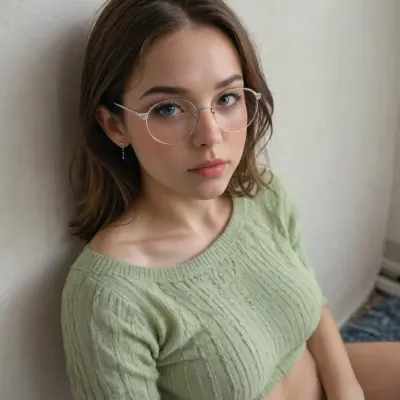 A realistic close-up photograph of a young woman with long dark brown hair reclining against a plain white textured wall, her head tilted back and slightly to her right while gazing toward the camera with a neutral relaxed expression, lips slightly parted, wearing round transparent pink-framed glasses with visible pink eyeshadow and subtle eyeliner accentuating her dark eyes, soft pink blush on her cheeks, glossy nude lips, and long dangling silver earrings in both ears, her bright lime green ribbed knit short-sleeve sweater pulled down firmly beneath her large natural breasts leaving them fully exposed in the foreground with the soft fabric bunched in natural folds across her upper chest, fair skin tone showing faint natural redness and subtle stretch marks on the breasts and torso, a small gray electrical utility box mounted on the wall visible at the far left edge of the frame, captured from a high overhead angle in a casual selfie style with soft natural indoor lighting coming from above creating gentle highlights on her skin, glasses, and the textured knit of the sweater, shallow depth of field with sharp focus on her face, and breasts while the white wall background softly blurs, vibrant yet natural color grading emphasizing the vivid lime green of the sweater against pale skin and off-white wall, individual strands of hair resting across the sweater, high-resolution detail capturing skin texture, fabric weave, and subtle reflections on the glasses lenses, shot on a modern smartphone camera with clean post-processing and no heavy filters, intimate casual atmosphere, photorealistic quality with crisp detail throughout the subject.