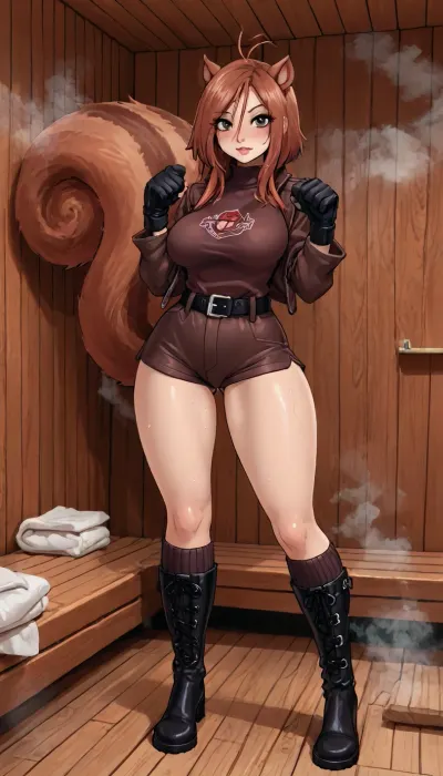(innv meets jack cayless style), (reiq style, masterpiece, cel-shaded, limited color palette), ((Beautiful Sexy Squirrel Girl from marvel rivals game body)), (1girl, solo, alone), (short spiky organ hair), (gorgeous, seductive face, mature, ads, perfect breast, perfect hands, thick body, thick legs, thick thighs, thick hips, thick ass, sweaty body), (big fluff Squirrel tail), (Squirrel ears), (Tube organ shirts), (brown Shorts Craft Fur), (with thong), (Leather Utility Belt), (Thigh-High Socks), (fur Winter Boots), (brown Jacket Craft Fur), (Martial Gloves), (full body pose), (sauna, steam, sauna background), lineart, line, art, flat, colors, color, <lora:mk_Bp Anime_xl:2>, <lora:LCMTurboMix_Euler_A_fix:2>, <lora:lineartSDXL:2>, <lora:Ppolar-P3v1-NbVp10:2>, <lora:Marvel_Rivals:2>