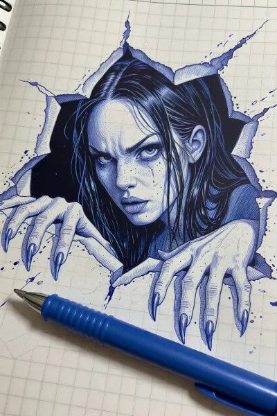 (Masterpiece:1.2), ., (Intricate monochrome blue ballpoint pen drawing:1.5), (Fine ink line art and meticulous blue cross-hatching:1.5), . The drawing is in a, (checkered notebook:1.4), . **Central figure, ** Samara Morgan emerging from a jagged hole, her, (pale hands with long, sharp claws:1.5), tearing the paper edges. One, (malicious, evil eye:1.4), is visible through her, (long, wet, stringy black hair:1.4), . **Realism, ** A, (realistic blue plastic ballpoint pen:1.5), lies on the paper for scale, casting a soft shadow., (Vibrant blue ink:1.4), with, (deep pressure grooves and ink clumps:1.3), (High-contrast blue shadows:1.4), inside the void., (Photorealistic macro shot:1.3), . 8k, ultra-detailed