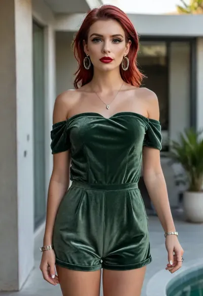 (masterpiece, best quality:1.2), 1 french 25yo woman, lasciviously and cheekily posing fashion influencer, (she wears a faded moss-green colored velvet off shoulders romper, stockings and heels:1.4), outside a modern angular minimalist style villa, short slicked-back red hair, (modern styled with jewelry, earrings, bangles, necklaces, silver belly chain:1.4), bright blue eyes, dark sunglasses, photorealism, <lora:style_lora_realis:.5>, <lora:slicked-back_hair-000006:.5>