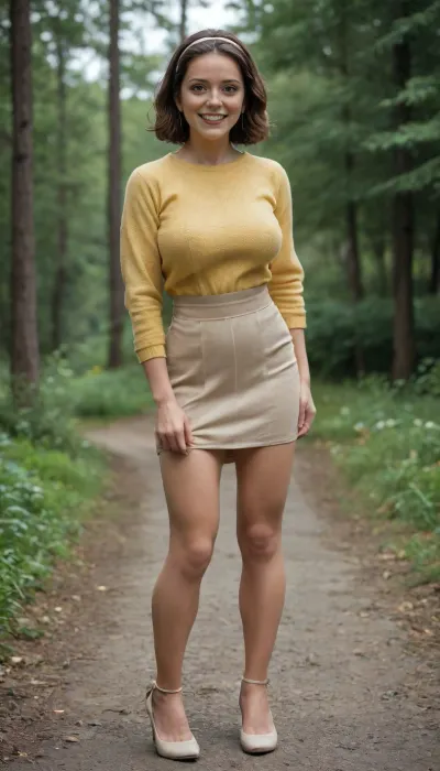 3897113, Mom, full body side view, fit cute, busty, 40yo, Canadian, brunette, smiling, happy, exhausted, very attractive, look at the viewer, large breasts, yellow wool jumper, beige heels, bob haircut, hairband, brown high waist skirt, ((standing, legs apart, skirt pulled up, waiting for intense vaginal penetration)), (natural hairy private part:1.5)