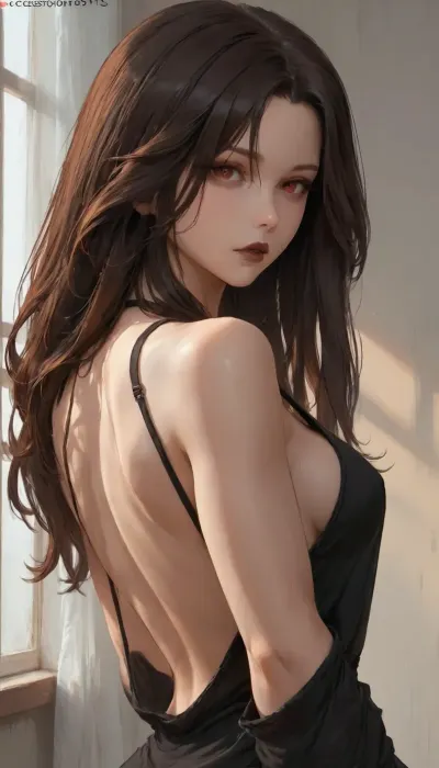 cutesexyrobutts style, 1 girl 28 years old, solo, black medium long hair, Cascade hairstyle, bright red eyes, black lipstick, big perfect ass, big elastic boobs, Detailed eyes, Detailed face, sexy small black dress, stand sexy pose, all body in frame