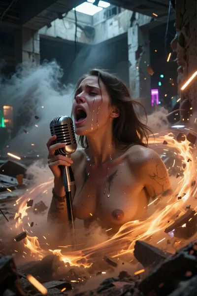 A striking post-apocalyptic cinematic cfoto, a stunning woman, her face reflecting unbridled, intense and tear-filled emotions, sings passionately from the bottom of her heart into a vintage metal microphone, hitting a piercing note. She is surrounded by a swirling vortex of dynamic, chaotic energy — smouldering embers, billowing dust, scattered beams of light and the distant flicker of neon lights shining through ruined concrete structures. A masterpiece, featuring ultra-detailed textures, dramatic chiaroscuro lighting, voluminous smoke, photorealistic skin and tears, emotional intensity, shot with a 35mm lens, anamorphic flares, 8K resolution, (artists, Greg Rutkowski and Simon Stalenhag), .