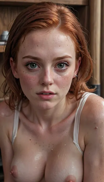 8K, extreme realism, maximum detail image, (Skinny red hair white girl with big breast:1.4), with, (big pink hard nipples:1.4), (beautiful face and freckles:1.3), with a button up baseball jersey on with her, (big breast busting out the shirt:1.2), she is sitting in a bench in the locker room, with her legs spread, (shoving a wooden bat in her realistic wet soaking dripping pussy:1.4), wide beautiful eyes with tears streaming down her face, ((stretched pussy:1.4)), (extreme insertion:1.4), ((bat in gapping pussy)), (big labia:1.4), realistic highly detailed clear fluids drip out of her gapping vagina and stream down her thighs, (she grips the bat with two hands and puts the end of the bat in her stretched vagina:1.3), Ultra-realistic portrait of a person with naturally sweaty skin after physical activity, tiny beads of perspiration covering the forehead, nose, cheeks, upper lip, neck, and shoulders, realistic skin texture with visible pores, subtle facial imperfections, soft oily sheen mixed with sweat droplets, highly detailed micro skin texture, cinematic lighting reflecting off moisture, physically accurate reflections, natural subsurface scattering, photorealistic, ultra-sharp focus, HDR, high dynamic range, realistic facial anatomy, detailed eyes with natural catchlights, crisp eyelashes, realistic hair strands, shallow depth of field, professional photography, captured with an 85mm lens, f/1.8, RAW photo quality, true-to-life colors. liner, shadow, run, off, lsrf, mascara, <lora:X2-000011:.8>, <lora:liner shadow run off-GMR:1.1>