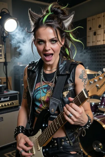 A cinematic and dynamic shot capturing the rock singer and guitarist during an intense rehearsal in a rehearsal room as part of her preparations for a rock concert. She is captured in the thick of the rehearsal, brimming with unbridled rock energy, her facial expression radiates passionate emotion, her eyes are wide open and incredibly expressive, her eyebrows are furrowed, and her mouth is wide open as she plays the electric guitar. She has short, tousled blonde hair with a single green strand and realistic, fluffy cat ears on her head. Her edgy rock outfit consists of a leather waistcoat worn over a black T-shirt with the band’s logo and torn-off sleeves, a black leather choker with a metal ring and studs, several long silver chains, spiked bracelets on both wrists, rings on her fingers, tattoos on her arms, black leather trousers and a belt with rows of metal rivets.
In the background is a rehearsal studio with black acoustic panels on the walls, a bright spotlight, a guitar amplifier and a drum kit, another member of this all-female rock band, (the drummer), is partially visible, striking a dynamic pose, the atmosphere of preparation for a rock concert, photorealism, high level of detail, cinematic lighting and sharp focus — a true masterpiece.