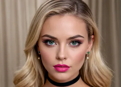 flawless glistening oiled honey-toned synthetic skin, beautiful face, sharp high cheekbones, sharp jawline, pointed chin, emerald green eyes, long voluminous black eyelashes, sharp winged black eyeliner, well-defined medium-thick dark eyebrows, full plump lips, glossy wet-look hot pink lipstick, long straight blonde hair, hoop earrings, choker, seductive expression, lips slightly parted