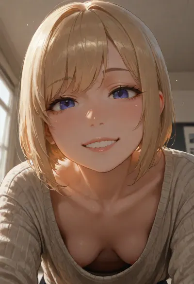 Raw photo, 8k uhd, high quality, high definition, ultra detailed, caucasian, smile, white teeth, professional photography, photorealism, slim flat chested woman, tiny tits, downblouse, sweater, office, low angle shot, blonde long bob hair, saggy breasts, see erected nipples, <lora:RealDownblouseXL2:2>