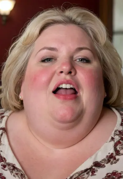 (mature blonde milf:1.4), (portrait:1.5), (no make up:1.5), (short hair:1.5), (stupid face:1.4), (mouth open:1), (morbidly obese ssbbw mature:1.7), (mature old woman:1.7), (fat double chin:1.6), (fat cheeks:1.6), (gluttony red face:1.7), <lora:real-humans-PublicPrompts:1>, focus on face