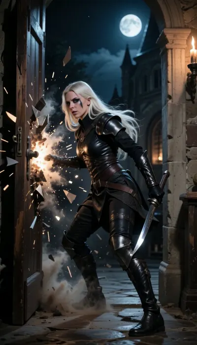 (masterpiece, best quality:1.2), photorealism, studio photo, UHD, 8k, in a medieval manor house at night, a beautiful 30‑year‑old Serbian huntress with long white hair and dark makeup kicks open a heavy wooden door with explosive force, splinters and dust bursting outward, she stands in the doorway in a low forward‑leaning stance, both hands gripping dark steel daggers, her body tense like a predator about to sprint, her gaze cold, focused and professional, moonlight and torchlight casting dramatic shadows across her worn black leather armor, intense motion energy, dark fantasy atmosphere, ultra‑detailed face, cinematic lighting, storytelling composition