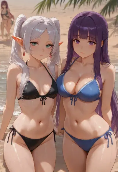 2girls, hot bikinis, on beach, Frieren, Fern, group, <lora:detailed_notrigger:1.6>