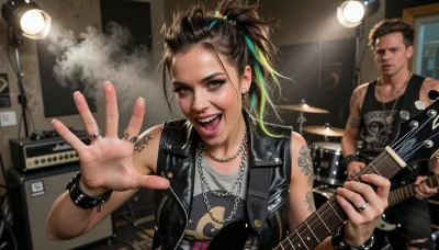 A cinematic and dynamic shot capturing the rock singer and guitarist during an intense rehearsal in a rehearsal room as part of her preparations for a rock concert. She is captured in the thick of the rehearsal, brimming with unbridled rock energy, her facial expression radiates passionate emotion, her eyes wide open and incredibly expressive, her eyebrows furrowed, and her mouth wide open as she plays the electric guitar, holding the neck with one hand whilst making a cool hand gesture with the other, forming a fist. She has short, tousled blonde hair with a single green strand and realistic, fluffy cat ears on her head. Her edgy rock outfit consists of a leather waistcoat worn over a black T-shirt with the band’s logo and cut-off sleeves, a black leather choker with a metal ring and studs, several long silver chains, spiked bracelets on both wrists, rings on her fingers, tattoos on her arms, black leather trousers and a belt with rows of metal rivets.
In the background is a rehearsal studio with black acoustic panels on the walls, a bright spotlight, a guitar amplifier and a drum kit behind which the drummer sits, striking a dynamic pose. The atmosphere of preparation for a rock concert, photorealism, a high level of detail, cinematic lighting and sharp focus – a true masterpiece.