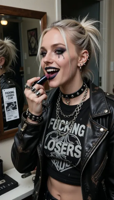 She is A punk-grunge woman getting ready to attend a rock concert in her small urban apartment. She has a face and body to kill for. She stands alone next a mirror, finishing to apply her dark lip makeup with a dark lipstick. Her outfit features a faded vintage band called FUCKING LOSERS CLUB&nbsp;T-shirt, a worn leather jacket, layered silver chains, chunky rings, and multiple ear piercings. Her messy platinum-blonde hair and smudged black eyeliner gives her a rebellious look.

A FUCKING LOSERS CLUB concert ticket is pinned next to the mirror. She looks excited and determined, smiling, ready for an unforgettable night. photography, authentic 90s grunge aesthetic, documentary style, realistic textures, moody lighting, 50mm lens, shallow depth of field, photorealistic, masterpiece, 8K, HDR.