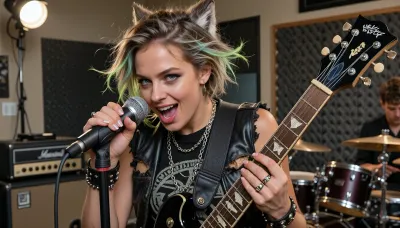 A A cinematic and dynamic shot capturing the rock singer and guitarist during an intense rehearsal in a rehearsal studio, whilst preparing for a rock concert. She is captured in the thick of the rehearsal, brimming with unbridled rock energy, her facial expression radiates passionate emotion, her eyes are wide open and incredibly expressive, her eyebrows are furrowed, her mouth is wide open as she sings, her right hand holds the microphone, and her left hand grips the neck of the electric guitar. She has short, tousled fair hair with a single green strand and realistic, fluffy cat ears on her head. Her edgy rock outfit consists of a leather waistcoat worn over a black T-shirt with the band’s logo and torn-off sleeves, a black leather choker with a metal ring and rivets, several long silver chains, spiked bracelets on both wrists, rings on her fingers, tattoos on her arms, black leather trousers and a belt with rows of metal studs.
In the background is a rehearsal studio with black acoustic panels on the walls, a bright spotlight, a guitar amplifier and a drum kit, with another member of the all-female rock band, (the drummer), partially visible, a dynamic pose, the atmosphere of preparing for a rock concert, photorealism, high detail, cinematic lighting, sharp focus, a masterpiece.