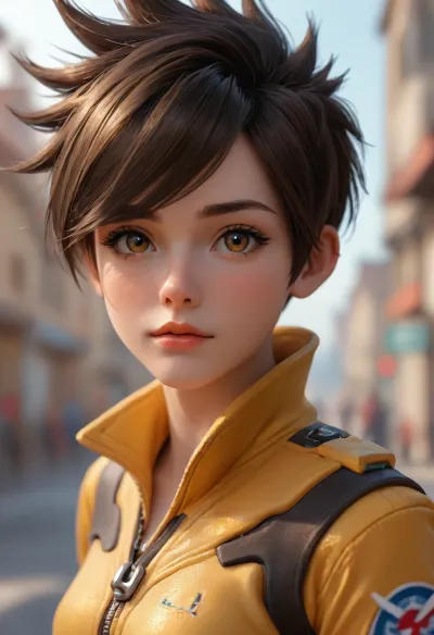 portrait of Tracer from overwatch, wearing a yellow plug suit, short straight hair, pixie punk hair, brown hair, brown eyes, cute, small nose, athletic body, half body view, looking at viewer, view from side, (((focus on face))), <lora:Midjourney Image Enhancer XL v1:.6>, <lora:SDXLHighDetail_v6-000005:.4>, <lora:detailed_notrigger:.6>, <lora:attractive_notrigger:.6>