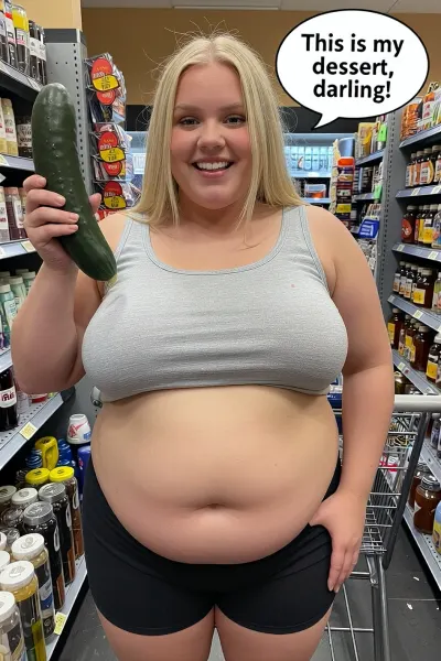 ((showing a thick cucumber)), old obese ssbbw fat woman, more than 600lbs, blonde, too tight belly free tank top, enormous big belly, short yoga pants, everyday life scene, in supermarket, super happy and proud, full gigantic flabby body, hyper huge fat woman, speech bubble, "This is my dessert, darling!"
