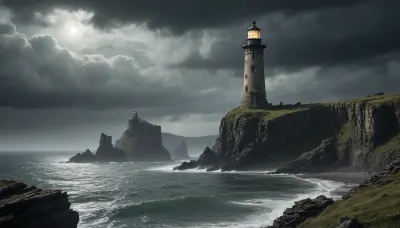Ancient, weather-beaten lighthouse standing on desolate cliffs in a fantasy post-apocalyptic world. The structure is half-ruined, with vines and moss clinging to its cracked stone surface. Jagged rocky outcrops surround the base, partially submerged in dark, storm-tossed waters.

A mysterious cloaked figure of a witch stands atop a distant cliff, her silhouette outlined against the ominous sky. Heavy rain falls across the landscape, merging with thick mist that clings to the rocks. The atmosphere is one of eerie solitude and ancient magic, with faint lightning illuminating the horizon.

The scene combines elements of dark fantasy and post-apocalyptic desolation, creating a mood of mystery and foreboding. Every surface shows signs of decay and age, with realistic textures of wet stone and decaying masonry. The lighting emphasizes the dramatic tension between darkness and the faint glow of the lighthouse remains.
