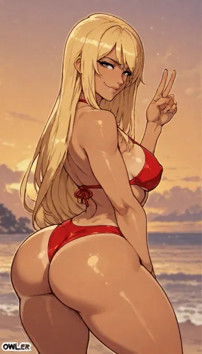 Score_9, score_8_up, score_7_up, ((owler art style:2)), solo, masterpiece, (1woman), At beach, sea at background, ((front view:1)), Smirking american blonde tanned, (peace with one hand, barely showing ass:1), straight long hair, mid parted hair, red bikini, lineart, line, art, flat, colors, color, <lora:outline_xl_kohaku_delta_spv5x:.8>, <lora:EnvyBeautyXL02:1.5>, <lora:lineartSDXL:.5>