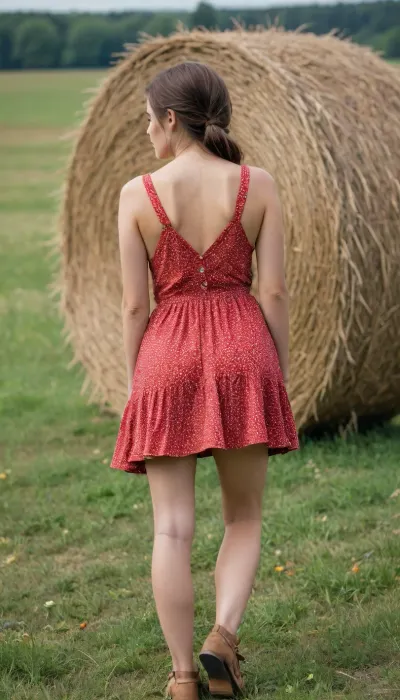 A young slim girl with a small round butt in a short red flowered summer dress is standing in a meadow, by a haystack, her skirt is showing off and she is being fucked from behind by a man in overalls with a huge dick, side view, full body view