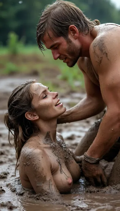 Naked dirty mud wrestling. A guy and a girl. On the ground, entangled, mud all over them. Happy. Trying to push eachother down in the mud. Slick with mud. Streaked with mud. Dirty. The girl is gorgeous, playful and cute. The guy has sex on his mind and is getting an erection, <lora:MJ52:.8>