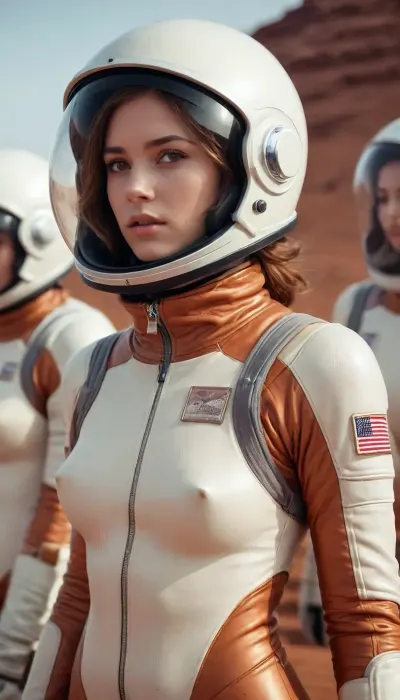 Hentai anime illustration by Bobby Abley, closeup portrait, award winning photography, 20 years old beautiful woman, supermodel body, thigh gap, very soft dark dim moody lighting, cinematic photo, Waist-up, muted photo portrait titled "a group of female astronaut in mars", walking, observing, shiny helmet ivory cold color palette, full body suits, textured thick fabric, zipper, gloves, muted colors, detailed, 8k, puffy cameltoe, high quality detailed mars surface, perfect lighting, outdoor multilayered background, enhanced background. shot with leica summicron 35mm f2.0 lens on kodak portra 400 film, masterpiece, sexy, aesthetic, trending on pintrest, 35mm photograph, film, bokeh, professional, highly detailed, Radiant, in the style of Max Dupain, <lora:add-detail-xl:.9>, <lora:bralessSDXL_v1_00022:.1>