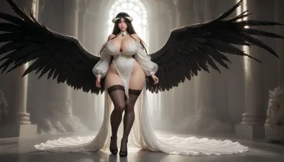 Albedo, (Overlord), Persian, white lingerie, 18+, round breasts, big butt, black hair, bangs, long hair, contour lighting, large black wings growing from the waist, beautiful face, curvy, ruddy brunette, vulgar appearance, full lips, tight white lace dress with sleeves, lace black stockings with a floral print, standing, black long shoes, beautiful breasts, visible nipples, big hips, massive thighs, gray background, visible beam of light, warm light, in a brightly lit space, backlit, round artificial breasts, (Perfect Giant Breasts:1.3)