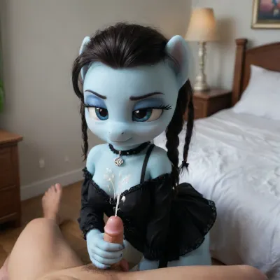 The style of the 50s, masterpiece, best quality, ultra-detailed, photorealistic, highres, 4k, original, maximum details, high quality, high resolution, (anthro my little pony furry yiff style art), ultra high detailed character, highly detailed, Perfect face, perfect body, perfect eyes, perfect pupils, perfect fingers, sexy pony, S Cute girl, (pony girl, perfect beauty, cute face), ((gothic victorian dress)), short messy braided hair, two braids, blue eyes, bare shoulders, collar, long big firm silicone breast, long breasts, Puffy nipples, (erect pink nipples, chained nipple clamps), smooth skin, tiny waist, wide hips and round ass, big ass, nipple ring pierc shadows, (dark shadows:.9), bright light patches, well-lit scene, (high contrast:1.8), (maximum quality:1.5), (high resolution:1.5), (ultra realism:1.5), ((focus on body:2)), (colorful:1.4), (brightness:1.4), professional photography, ral-ltlpowny, (Rainbow Dash), mlp, (((pony, chibi))), evening hairstyle, angry face, smile, showing teeth, makeup, perfect tail, rosy cheeks, furry, anthro, hooves on the feet, cute fluffy doll dress, cute blue stockings, little bows, best angle, close view, white background, confetti, (1woman, 1man, hetro couple), 3/4 view, (pretty tiny petite young gothic blonde female:1.6), (straight hair:1.6), (olive skin:1.6), (hourglass figure:1.6), (tight natural breasts:1.6), untrimmed wild bushy pubic hair, (Gothic penthouse bedroom:1.6), green, brown, perfecteyes, bright, blue, eyes, (1man, out of frame, white man, masturbating his small cock, (handjob)), (cum on body:1.6), (ejaculation:1.7), <lora:ral-ltlpowny-sdxl:1.9>, <lora:Pony_MLP_v1.8SDXL:1.3>, <lora:PerfectEyesXL:1>, <lora:bright_blue_eyes:1.8>