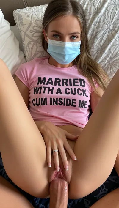 39 years old, wife, very cute, candid face, dutch, clear hazel hair, long hair pulled back, clear blue eyes, straight slim hair, (skinny body), fit body, ultra clear pink tee-shirt with thick black text "MARRIED WITH A CUCK. CUM INSIDE ME", lying back on a bed, legs spread, clear blue chirurgical mask, shaved pussy, wedding ring with a small diamond on her ring finger, sunny summer day, leg sheen, pov missionary sex, (extremely oversized very wet cock, cum slightly leaking out pussy along cock:1.8), high angle view