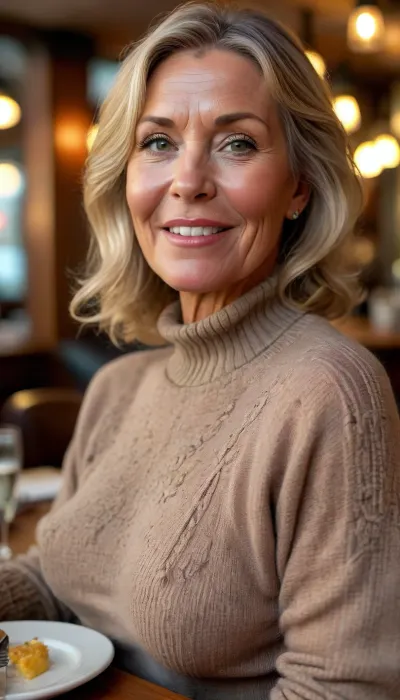66-year-old Russian woman, small saggy breasts, (mature faces:1.8), (detailed face:2), (chubby:1.7), (small natural round breasts), (mature:1.8), white skin, big brown eyes, long straight blond hair with brightblond strains, chubby, wide hips, medium bellies, birthmarks, wrinkled face, fat arms, wrinkled face and body, Closeup POV photo of mature woman, (((mature busty chubby MILF))), beautiful, fit, (((big tits busty))), (((short blonde bob hair slicked back))), (((taupe turtleneck wool sweater))), ed carpet photo backdrop, big sexy smile showing teeth, beautiful detailed brown eyes, depth blur, key visual, vibrant, highly detailed, early morning light, golden hour, in Paris France bistro restaurant cafe, on a date, at a table, glass of wine, large breasts, (((laughing))), braless, Wearing, clothes, that, make, sense, with, Braless>, but, <lora:bombshell_v2:1.6>, <lora:MJ52:2>, <lora:add-detail-xl:2>, <lora:bralessSDXL_v1_00022:1.4>, <lora:BUT_SDXL_SHS:1>