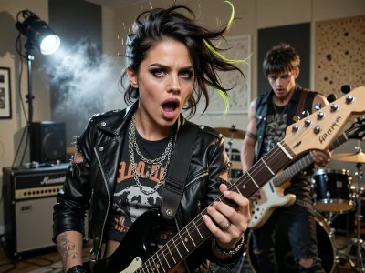 A A cinematic and dynamic shot capturing the rock singer and guitarist during an intense rehearsal in a rehearsal room as part of her preparations for a rock concert. She is captured in the thick of the rehearsal, brimming with unbridled rock energy, her facial expression radiates passionate emotion, her eyes are wide open and incredibly expressive, her eyebrows are furrowed, and her mouth is wide open as she plays the electric guitar. She has short, tousled blonde hair with a single green strand and realistic, fluffy cat ears on her head. Her edgy rock outfit consists of a leather waistcoat worn over a black T-shirt with the band’s logo and torn-off sleeves, a black leather choker with a metal ring and studs, several long silver chains, spiked bracelets on both wrists, rings on her fingers, tattoos on her arms, black leather trousers and a belt with rows of metal rivets.
In the background is a rehearsal studio with black acoustic panels on the walls, a bright spotlight, a guitar amplifier and a drum kit, another member of this all-female rock band, (the drummer), is partially visible, striking a dynamic pose, the atmosphere of preparation for a rock concert, photorealism, high level of detail, cinematic lighting and sharp focus — a true masterpiece.