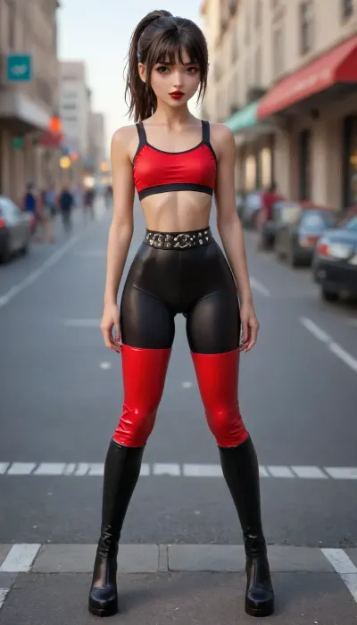 (view:1.5), (full body view:1.7), girl, european girl, flat, chested, black ponytail with straight bangs, (looks young:1.8), skinny, (glossy red lipstick:1.3), (thigh high boots:1.5), bimbo makeup, studded belt, boots, on a street, close up, breasts, hips, narrow, waist, (thick thighs:1.5), (round bubble butt:1.5), lips, 4ng3l, face, (on all four:1.4), (arlequin leggings:1.6), (slim waist), beautiful face, tan skin, (arlequin sports bras:1.6), (narrow waist:1.6), <lora:Ass_Pants_XL:2>, <lora:flat_chested_v3.5:1.8>, <lora:Beautify-Supermodel-SDXL:2>, <lora:BodyLicious:2>, <lora:RMSDXL_Photo:1.8>