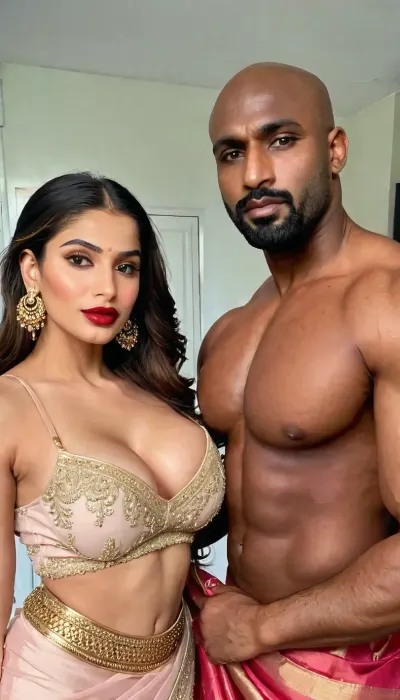 Looking at the viewer, Gorgeous 22 years old Pakistani woman, (feminine:1.4), hairstyle is long hair, brunette, busty 36F breasts. Prominent Pakistani facial features, She is wearing gold hoop earrings. Perfectly manicured nails. Seductive red lipstick. make up, .wearing a gorgeous Saree, Standing with a black man, tall, bald, muscular black man. Man wearing a suit. Black muscle daddy., romantic_couple_poses, <lora:SDXL_BetterFaces-LoRA_v1:.5>, <lora:_Romantic_Couple_Poses:.5>