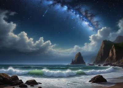 A deep blue night filled with stars. The last wave stirred the sea. It is boiling very vigorously. The waves were crashing rapidly against the rocks. Terrifying fluffy clouds are flying in the sky. The Milky Way peeked out from the clouds, slightly illuminating the sea and the rocky coastline in the distance. The stars sparkled like diamonds on foam lace. The beginning of the enlightenment of nature brought a calm to the "last cloud" floating in the sky. Usually the work is done quickly, and the way Aivazovsky painted this painting reflects his mental state. In order to depict the halo of the Milky Way, he drew the smallest amount of light. The writing style of the Rocky Mountains is different, with almost no starlight shining on them. They are depicted as broad masses of darkness, with darker tones than the sky. The sparse details of their shapes can still distinguish steep cliff fractures, cracks in the mountains, and scattered stones on the surfing edges. The part of the sea where starlight does not penetrate is also written wide. The waves are crashing against the coastal cliffs, and the Milky Way stars are casting a phosphorescent hue.