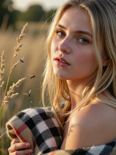 long dry wild summer grass, heat haze, still and breathless, late afternoon golden light, a few insects suspended in the air, Kodak Gold 200, soft grain, warm and bleached, close-up image with focus on her face, young adult woman, holding a burberry blanket, sandy blond hair