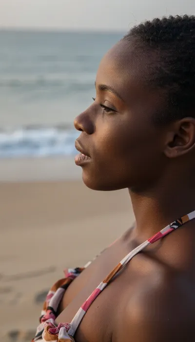 Woman, 23 years old, from Ghana, stands on a quiet beach wearing a bikini and gazes peacefully toward the open sea. Her skin is exceptionally dark, softly illuminated by the warm evening sunlight.