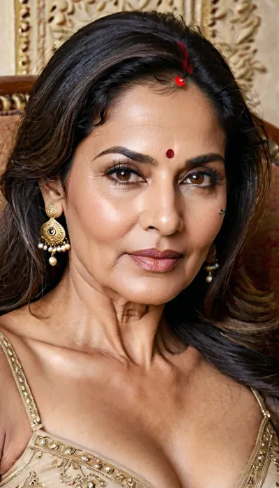 South Indian woman, grandma, 70 year old mature woman, Oval face with a soft, rounded jawline, Dark brown, almond-shaped, with defined eyebrows and visible eye makeup soft eyeshadow, some definition along the lash lines The cheeks appear full and softly rounded, with a smooth contour blending into the jawline. The cheekbones are moderately defined but not sharply prominent — there’s a gentle, natural curve rather than high, angular structure, giving the face a soft rather than sculpted look. Nose Straight, medium width
Lips, Full, with a natural rosy-nude tone, hip length long grey hair, extremely messy hair, Lying back in an oversized chair with her, legs slightly open, black nylon panties, and a lose white night dress, drunk, tipsy eyes, Cheeks flushed from alcohol, Lips parted in an uninhibited sexual sultry smile, one lip corner curled higher in a, playful sexual seductive smirk, eyes glazed and half-lidded, Mascara slightly smudged beneath the lower lash line. Eyebrows relaxed, giving a soft, dreamy sexy look. A stray lock of hair falling across the forehead. Skin has a warm sheen from body heat, subtle highlight along the cheekbones and nose bridge. Eyes catching low, warm lighting, skin imperfections, perfect eyes
