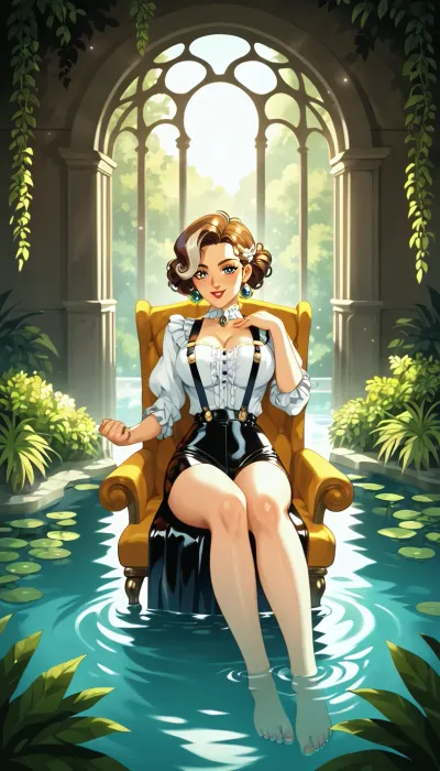 score_9, score_8_up, score_7_up, rating_safe, Girl, with a serene mood, lies on a yellow lounge chair, her body stretching out in a languid pose, as the warm tones of the golden hour dance across her skin, creating a soft, sfumato effect on her round, luscious features. her leather suspenders, a stark contrast to her naked body, gleam with a subtle sheen, while her full, large breasts protrude, their sleek, lush curves a testament to her beauty. the background, a soft bokeh, melts away, with the pool's edge and surrounding environment dissolving into a gentle vignette, drawing the viewer's eye back to the girl, the subject of this intimate, full-length portrait. the 85mm lens captures every detail, from the gentle folds of her skin to the subtle textures of the leather, all under the warm, golden light that bathes her, infusing the scene with a sense of luxurious, surreal calm, like a dream caught in the fleeting moment of the golden hour, with the girl's eyes cast downward, lost in thought, her expression a mix of tranquility and subtle, enigmatic mystery., anime poster-style illustration with impact, asymmetrical composition with visual interest, dynamic rim lighting highlighting character edges, clean cel-shaded surfaces with smooth gradients, whimsical and playful mood, 1990s style, retro anime, cel shading, hand-drawn, screencap, film grain, vintage VHS overlay