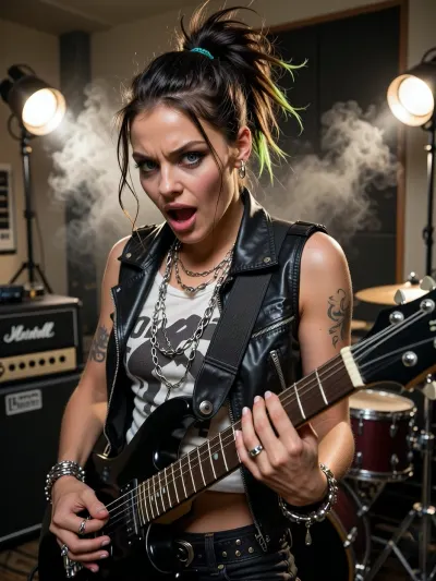 A A cinematic and dynamic shot capturing the rock singer and guitarist during an intense rehearsal in a rehearsal room as part of her preparations for a rock concert. She is captured in the thick of the rehearsal, brimming with unbridled rock energy, her facial expression radiates passionate emotion, her eyes are wide open and incredibly expressive, her eyebrows are furrowed, and her mouth is wide open as she plays the electric guitar. She has short, tousled blonde hair with a single green strand and realistic, fluffy cat ears on her head. Her edgy rock outfit consists of a leather waistcoat worn over a black T-shirt with the band’s logo and torn-off sleeves, a black leather choker with a metal ring and studs, several long silver chains, spiked bracelets on both wrists, rings on her fingers, tattoos on her arms, black leather trousers and a belt with rows of metal rivets.
In the background is a rehearsal studio with black acoustic panels on the walls, a bright spotlight, a guitar amplifier and a drum kit, another member of this all-female rock band, (the drummer), is partially visible, striking a dynamic pose, the atmosphere of preparation for a rock concert, photorealism, high level of detail, cinematic lighting and sharp focus — a true masterpiece.