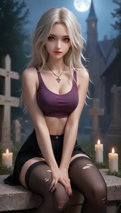 Beautiful sexy 50 year old white hair tall woman, gothic look, muscular body, full size portrait from head to toes, sitting on a grave at night, legs wide opened, holding a candle, nice dark makeup, exquisite purple eyes, long eyeslashes, messy hair with some spikes of hair in front of her face, front view, friendly face, smile, long thin beautiful nose, nice big boobs, wearing a pair of ripped black jean hiking short, wearing a purple tank top, wearing stylish black stockings, sitting on a tombstone at night in a cemetery, full moonlight in the sky, wearing gothic style necklace and lots of ethnic leather bangles, beautiful very thin hands with very long fingers, stylish purple nails, perfect fingers, (crop, top:1), g0th1cxl, glowing, neon, <lora:DigiArt:1.7>, <lora:CuteLora:.3>, <lora:g0th1cXL:1.1>, <lora:Cleave:2>