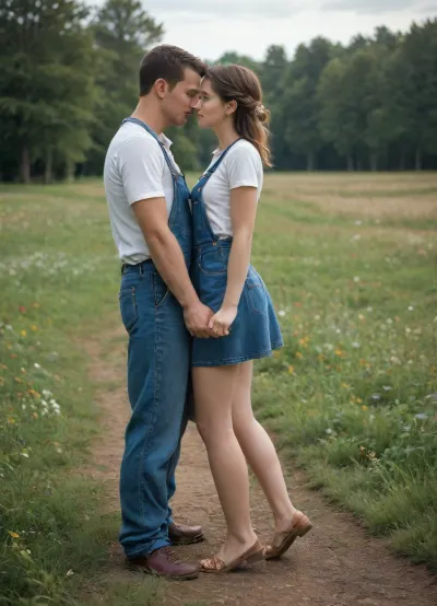 A young slim girl with a small round butt in a short red flowered summer dress is standing in a meadow, by a haystack, her skirt is showing off and she is being fucked from behind by a man in overalls with a huge dick, side view, full body view