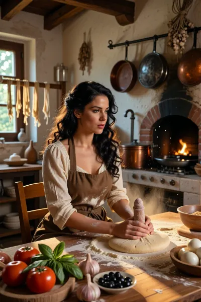 Masterpiece, ultra realistic cinematic documentary editorial photography, ultra low-key warm golden light, dramatically underexposed natural cinematic illumination, rich amber and teal color science, abundant warm golden reflections, deep luxurious blacks, exceptional global contrast, crisp local micro-contrast, radiant golden rim light, sculptural chiaroscuro, hyperrealistic romantic Italian kitchen scene, early 1900s rural Italy, a beautiful Italian woman, 33 years old, slim athletic figure, long black curls, warm expressive face, natural adult elegance, wearing a brown flour-dusted apron tied around her hips, firm tits, long nipples, Still inside the rustic Italian kitchen, sitting behind the flour-covered wooden table on a simple chair, elbows resting on the tabletop, gazing absent-mindedly toward the small window, her expression dreamy and distant, hands slowly massaging the freshly kneaded pasta dough without looking down, unconsciously rolling and pressing it into a clearly suggestive phallic shape, perfect penis made of dough, as if it has emerged accidentally from her distracted thoughts. Ripe tomatoes, basil, olives, garlic and scattered flour around her, soft flour traces on her fingers and linen blouse, golden sunlight catching dust in the air, quiet sensual tension created by her faraway gaze, relaxed posture and the absent shape beneath her hands, intimate, cinematic, romantic, subtly erotic, flour in the air, creating a pale cloud of fine particles drifting naturally through the golden sunbeam, subtle flour traces on her warm deep-brown skin and long black curls, flour-dusted hands, bowls of ripe tomatoes, garlic, and mozzarella around her, handmade pasta hanging from a wooden drying rack like delicate ribbons, old wood-fired brick oven glowing softly behind her, soot-darkened plaster around the oven mouth, iron stove pipe, worn copper pans and heavy pots hanging from the ceiling, whitewashed textured walls, aged wooden beams, dried herbs and garlic braids overhead, late afternoon golden sunset pouring through a small window, volumetric light beams filled with flour dust, warm amber light caressing her hands and cheekbones, intimate rural atmosphere, cinematic 35 millimeter look, shallow depth of field, analog film grain, rich warm palette, authentic, elegant, nostalgic Italian beauty.