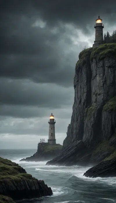 Ancient, weather-beaten lighthouse standing on desolate cliffs in a fantasy post-apocalyptic world. The structure is half-ruined, with vines and moss clinging to its cracked stone surface. Jagged rocky outcrops surround the base, partially submerged in dark, storm-tossed waters.

A mysterious cloaked figure of a witch stands atop a distant cliff, her silhouette outlined against the ominous sky. Heavy rain falls across the landscape, merging with thick mist that clings to the rocks. The atmosphere is one of eerie solitude and ancient magic, with faint lightning illuminating the horizon.

The scene combines elements of dark fantasy and post-apocalyptic desolation, creating a mood of mystery and foreboding. Every surface shows signs of decay and age, with realistic textures of wet stone and decaying masonry. The lighting emphasizes the dramatic tension between darkness and the faint glow of the lighthouse remains.
