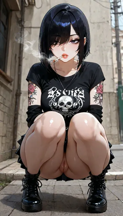 sexy emo woman, lots of tattoos, lots of piercings, dark hair, asymmetric bob cut, pale skin, scene outfit, short skirt, bare pussy, emo hair, large lips, full body view, squatting, smoking a cigarette, puffing smoke, <lora:add-detail-xl:1.2>, <lora:attractive_notrigger:1.2>, <lora:detailed_notrigger:1.2>, <lora:LCMTurboMix_Euler_A_fix:1.2>