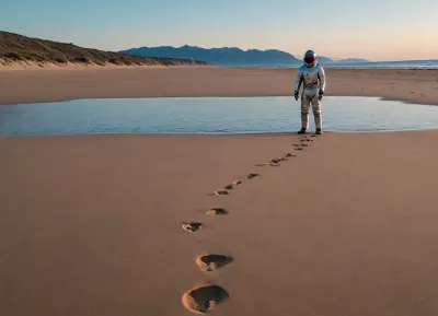each color is solid and separated from the other by a thin line of a darker shade, bright yellow sand beach with the dunes which contours outlined by dark brown lines in the foreground flows into the soft shapes of the high mountains in the background, their contours outlined by dark grey lines, sky is dark blue, turning into purple in the distance, with red reflections over the mountains, it must be evening, aquamarine of the reservoir complete width of the field of view separates the beach from the mountains on the horizon, lonely small figure of a human in bright silver metal spacesuit with black face shield stands in foreground on the beach, a trail of footprints stretches across the sand from the human to the edge of the image, laconism and graphicity in the drawing of landscape evoke poster in constructivism style and enhance the dramatic effect, is enhanced by the light, which gives almost no shadows, the image is a symbol of loneliness and lostness in space