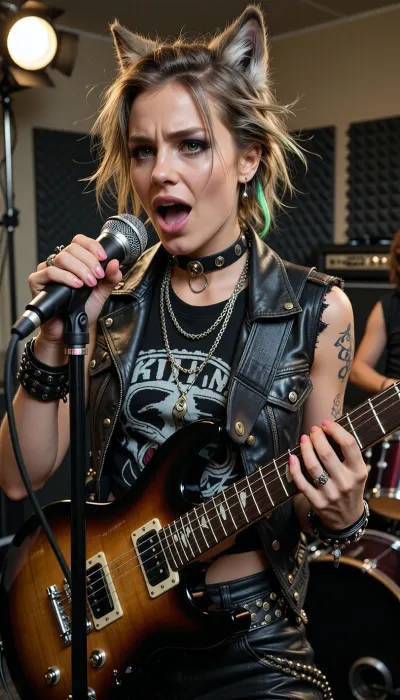 A cinematic and dynamic shot capturing the rock singer and guitarist during an intense rehearsal in a rehearsal studio, whilst preparing for a rock concert. She is captured in the thick of the rehearsal, brimming with unbridled rock energy, her facial expression radiates passionate emotion, her eyes are wide open and incredibly expressive, her eyebrows are furrowed, her mouth is wide open as she sings, her right hand holds the microphone, and her left hand grips the neck of the electric guitar. She has short, tousled fair hair with a single green strand and realistic, fluffy cat ears on her head. Her edgy rock outfit consists of a leather waistcoat worn over a black T-shirt with the band’s logo and torn-off sleeves, a black leather choker with a metal ring and rivets, several long silver chains, spiked bracelets on both wrists, rings on her fingers, tattoos on her arms, black leather trousers and a belt with rows of metal studs.
In the background is a rehearsal studio with black acoustic panels on the walls, a bright spotlight, a guitar amplifier and a drum kit, with another member of the all-female rock band, (the drummer), partially visible, a dynamic pose, the atmosphere of preparing for a rock concert, photorealism, high detail, cinematic lighting, sharp focus, a masterpiece.