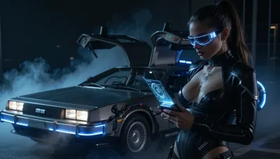 In a shadowy, cinematic night scene, a DeLorean time machine sits parked with its gull-wing doors open, entire DeLorean in frame, soft blue plasma glow and drifting mist around it, in foreground stands A stunning time traveler, wearing sexy sleek, futuristic streetwear, illuminated smart sunglasses with scrolling digital readouts, subtle circuitry jewelry. She checks a handheld temporal scanner, its holographic interface pulsing with light. Moody low-key lighting, deep shadows, rim light outlining her silhouette, volumetric fog, high contrast, 35mm cinematic lens, subtle film grain, ultra-detailed, masterpiece.