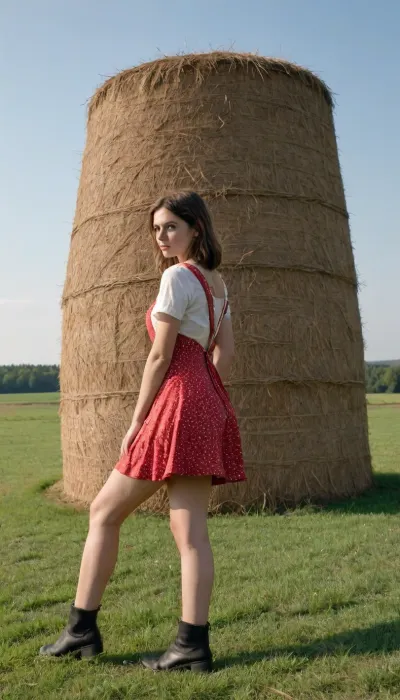 A young slim girl with a small round butt in a short red flowered summer dress is standing in a meadow, by a haystack, her skirt is showing off and she is being fucked from behind by a man in overalls with a huge dick, side view, full body view