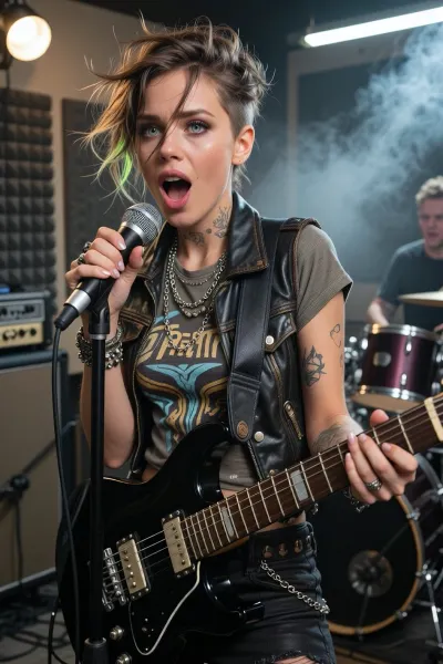 A cinematic and dynamic shot capturing the rock singer and guitarist during an intense rehearsal in a rehearsal room as part of her preparations for a rock concert. She is captured in the thick of the rehearsal, brimming with unbridled rock energy, her facial expression radiates passionate emotion, her eyes wide open and incredibly expressive, her eyebrows furrowed, and her mouth wide open as she plays the electric guitar, holding the neck with one hand whilst the other touches the strings. She has short, tousled blonde hair with a few green streaks, styled in a realistic, stylish side-swept hairstyle. Her edgy rock outfit consists of a leather waistcoat worn over a grey, short-sleeved T-shirt with a logo, a black leather choker with a metal ring and studs, several long silver chains, spiked bracelets on both wrists, rings on her fingers, tattoos on her arms, black leather trousers and a belt with rows of metal rivets.
In the background is a rehearsal studio with black acoustic panels on the walls, a bright spotlight, a guitar amplifier and a drum kit behind which the drummer sits, striking a dynamic pose. The atmosphere of preparation for a rock concert, photorealism, a high level of detail, cinematic lighting and sharp focus – a true masterpiece.